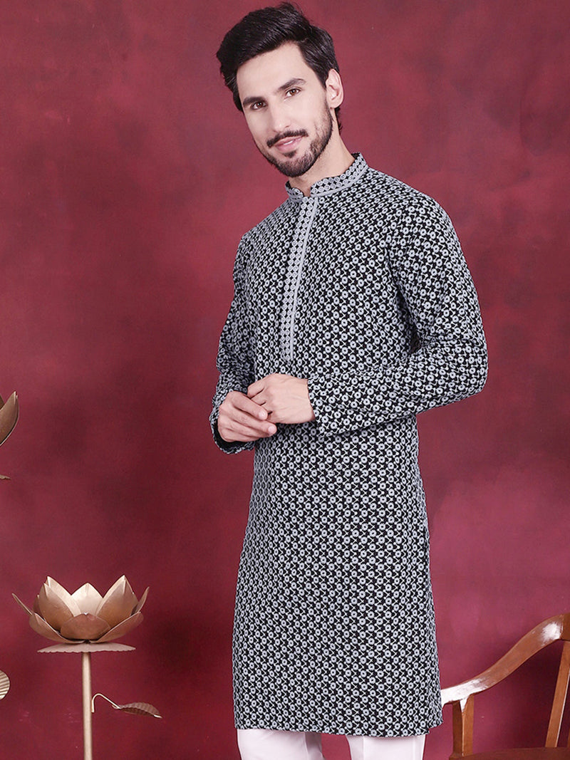 Men's Sequins Embroidered Kurtas ( KO 5013 Grey )