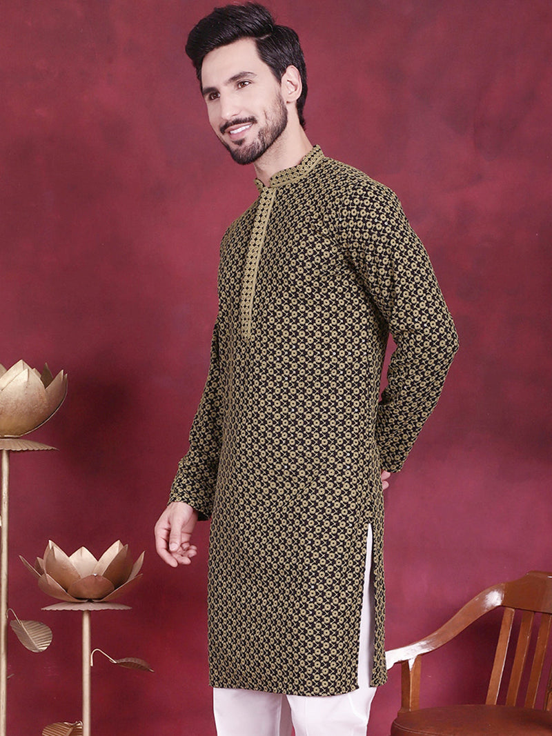 Men's Sequins Embroidered Kurtas ( KO 5013 Mehndi )