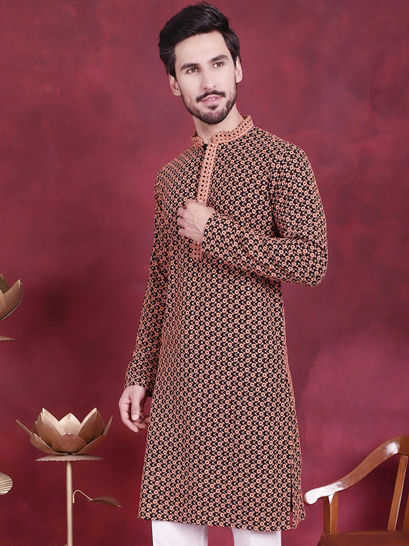 Men's Sequins Embroidered Kurtas ( KO 5013 Orange )