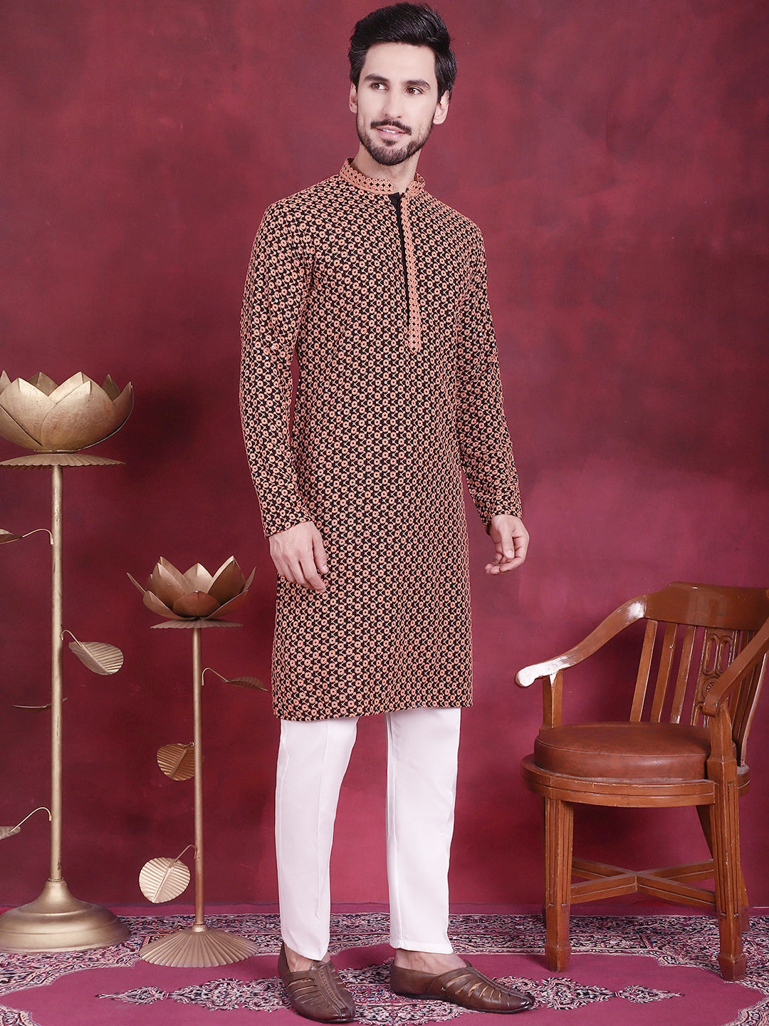 Men's Sequins Embroidered Kurtas ( KO 5013 Orange )