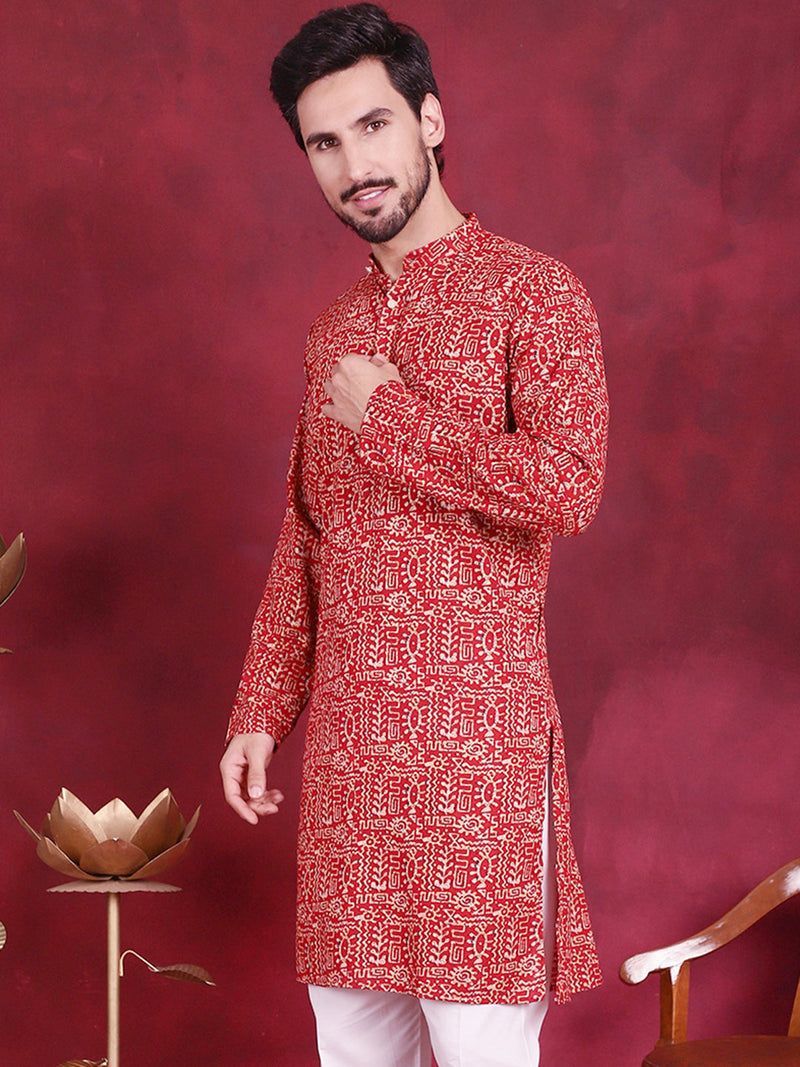 Men's Digital Printed Kurtas. ( KO 5014 Red )