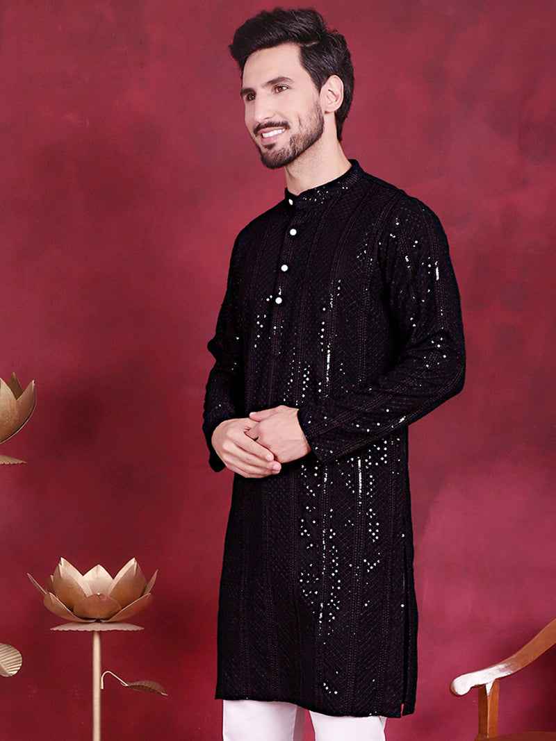 Men's Sequins Chikankari Embroidered Kurtas. ( KO 5015 Black )