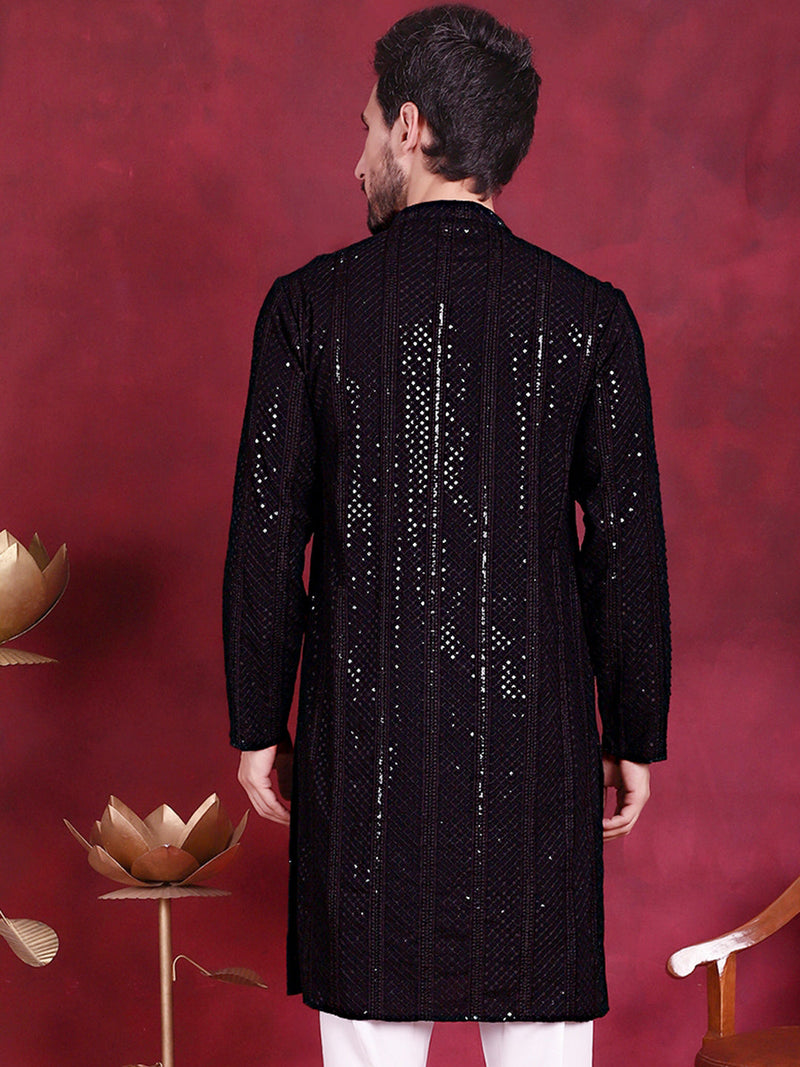 Men's Sequins Chikankari Embroidered Kurtas. ( KO 5015 Black )