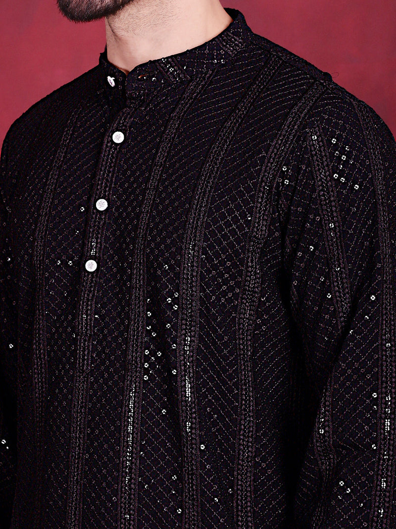 Men's Sequins Chikankari Embroidered Kurtas. ( KO 5015 Black )