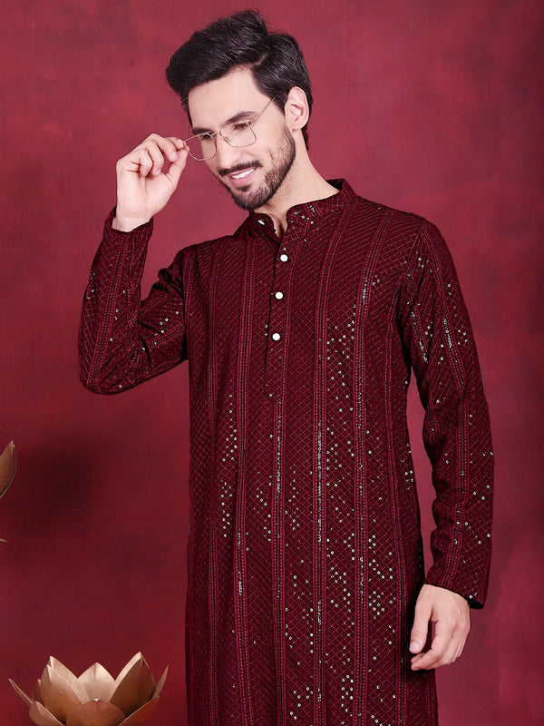 Men's Sequins Chikankari Embroidered Kurtas. ( KO 5015 Maroon )