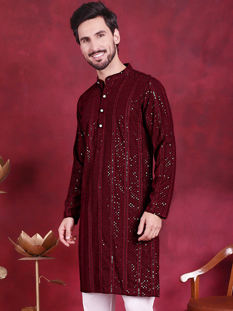 Men's Sequins Chikankari Embroidered Kurtas. ( KO 5015 Maroon )