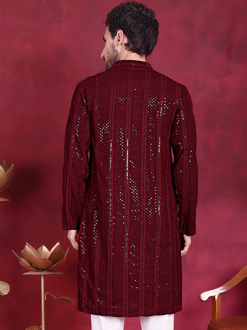 Men's Sequins Chikankari Embroidered Kurtas. ( KO 5015 Maroon )