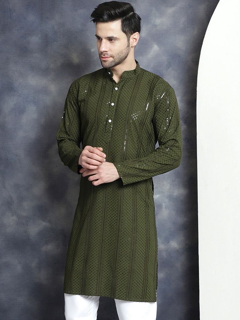 Men's Sequins Chikankari Embroidered Kurtas ( KO 5015Mehndi )