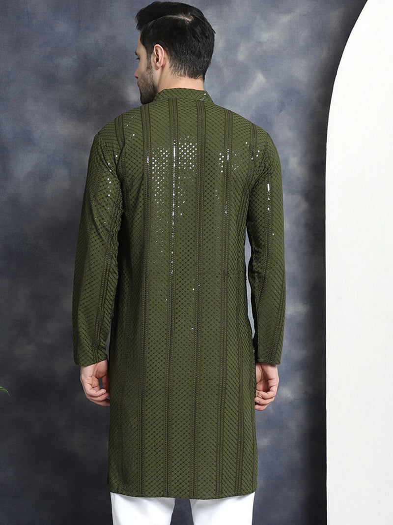 Men's Sequins Chikankari Embroidered Kurtas ( KO 5015Mehndi )