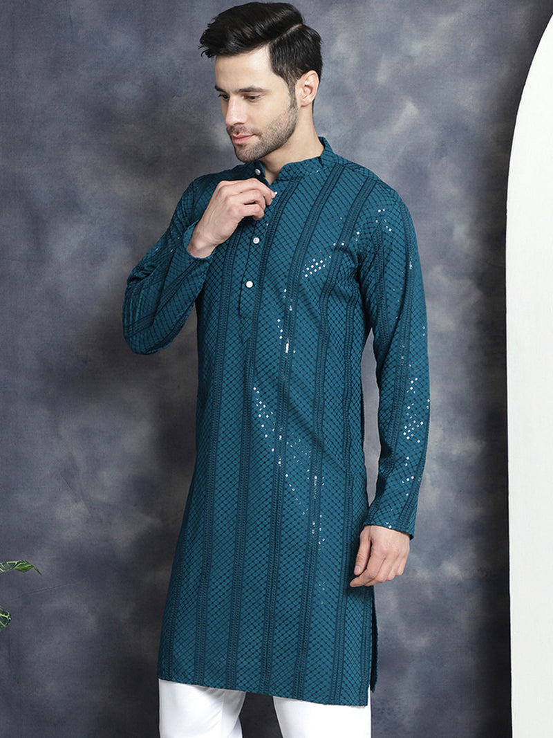 Men's Sequins Chikankari Embroidered Kurtas ( KO 5015Peacock )