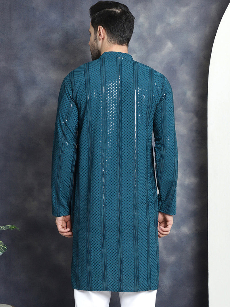 Men's Sequins Chikankari Embroidered Kurtas ( KO 5015Peacock )