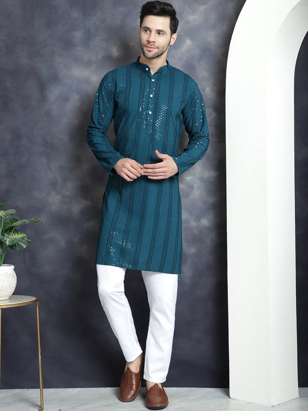 Men's Sequins Chikankari Embroidered Kurtas ( KO 5015Peacock )