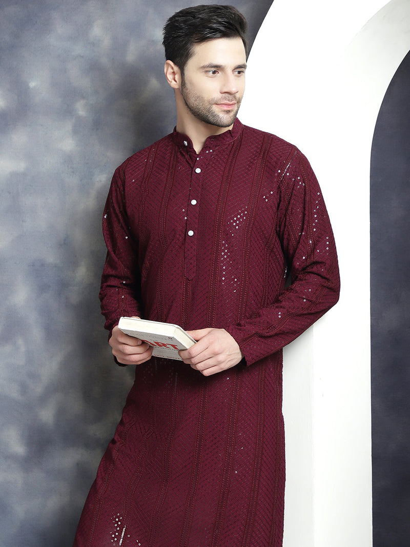 Men's Sequins Chikankari Embroidered Kurtas ( KO 5015Purple )