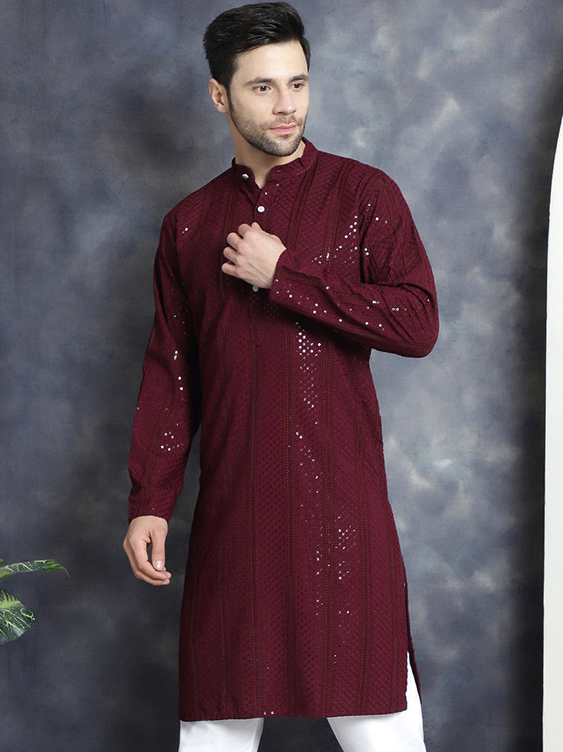 Men's Sequins Chikankari Embroidered Kurtas ( KO 5015Purple )