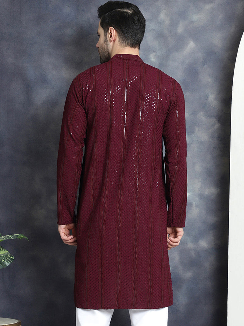 Men's Sequins Chikankari Embroidered Kurtas ( KO 5015Purple )