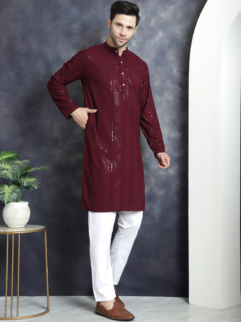 Men's Sequins Chikankari Embroidered Kurtas ( KO 5015Purple )