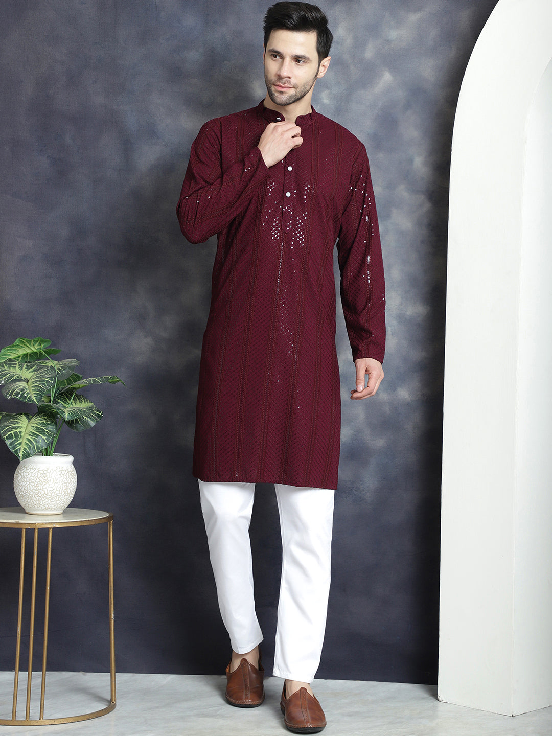Men's Sequins Chikankari Embroidered Kurtas ( KO 5015Purple )