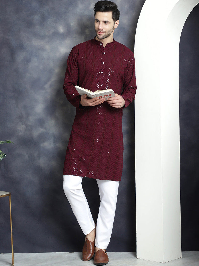 Men's Sequins Chikankari Embroidered Kurtas ( KO 5015Purple )