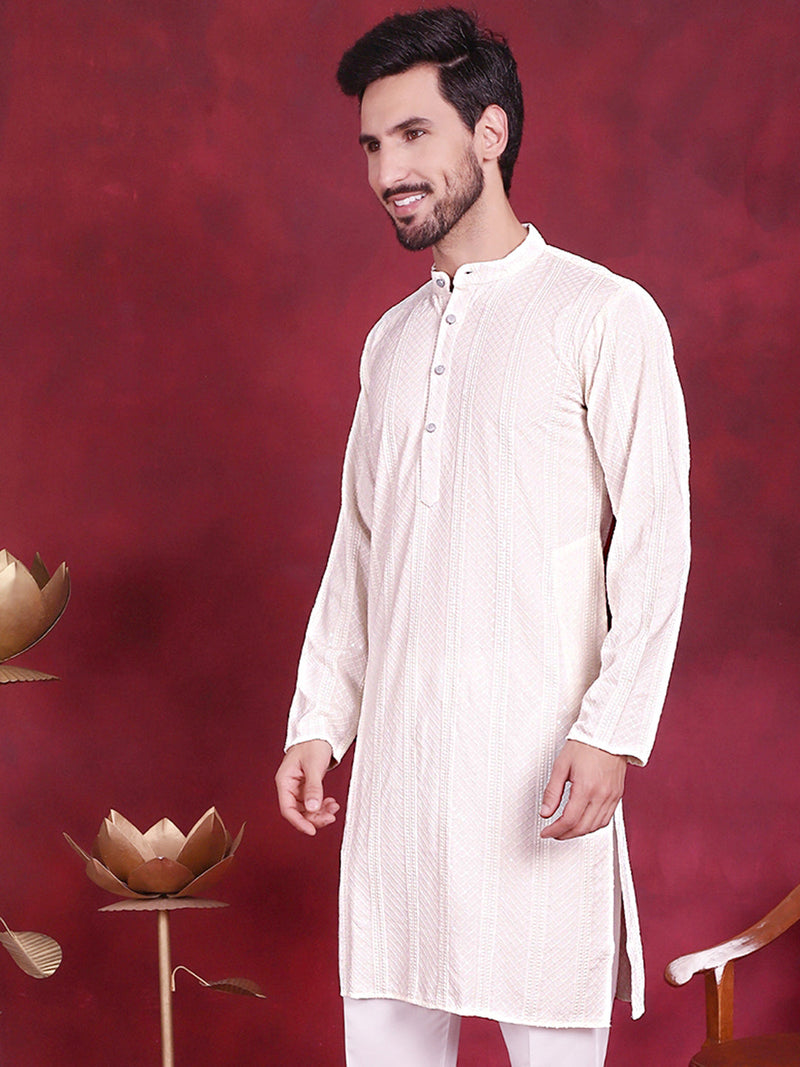 Men's Sequins Chikankari Embroidered Kurtas. ( KO 5015 White )