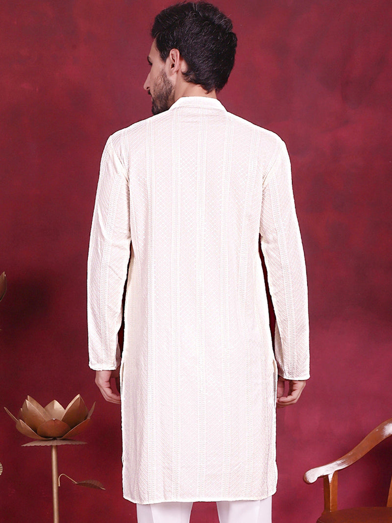 Men's Sequins Chikankari Embroidered Kurtas. ( KO 5015 White )