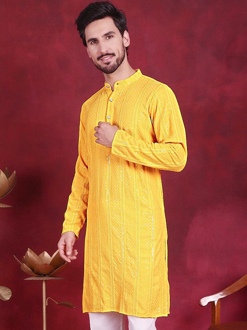 Men's Sequins Chikankari Embroidered Kurtas. ( KO 5015 Yellow )