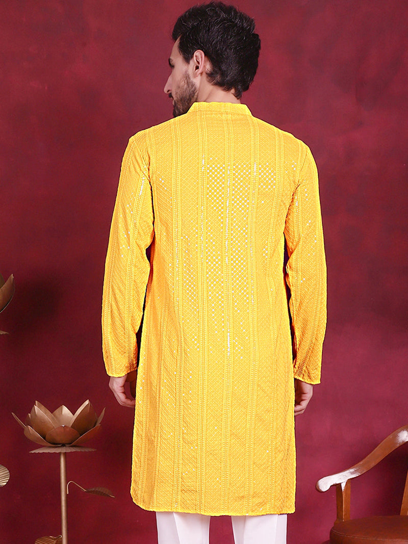 Men's Sequins Chikankari Embroidered Kurtas. ( KO 5015 Yellow )