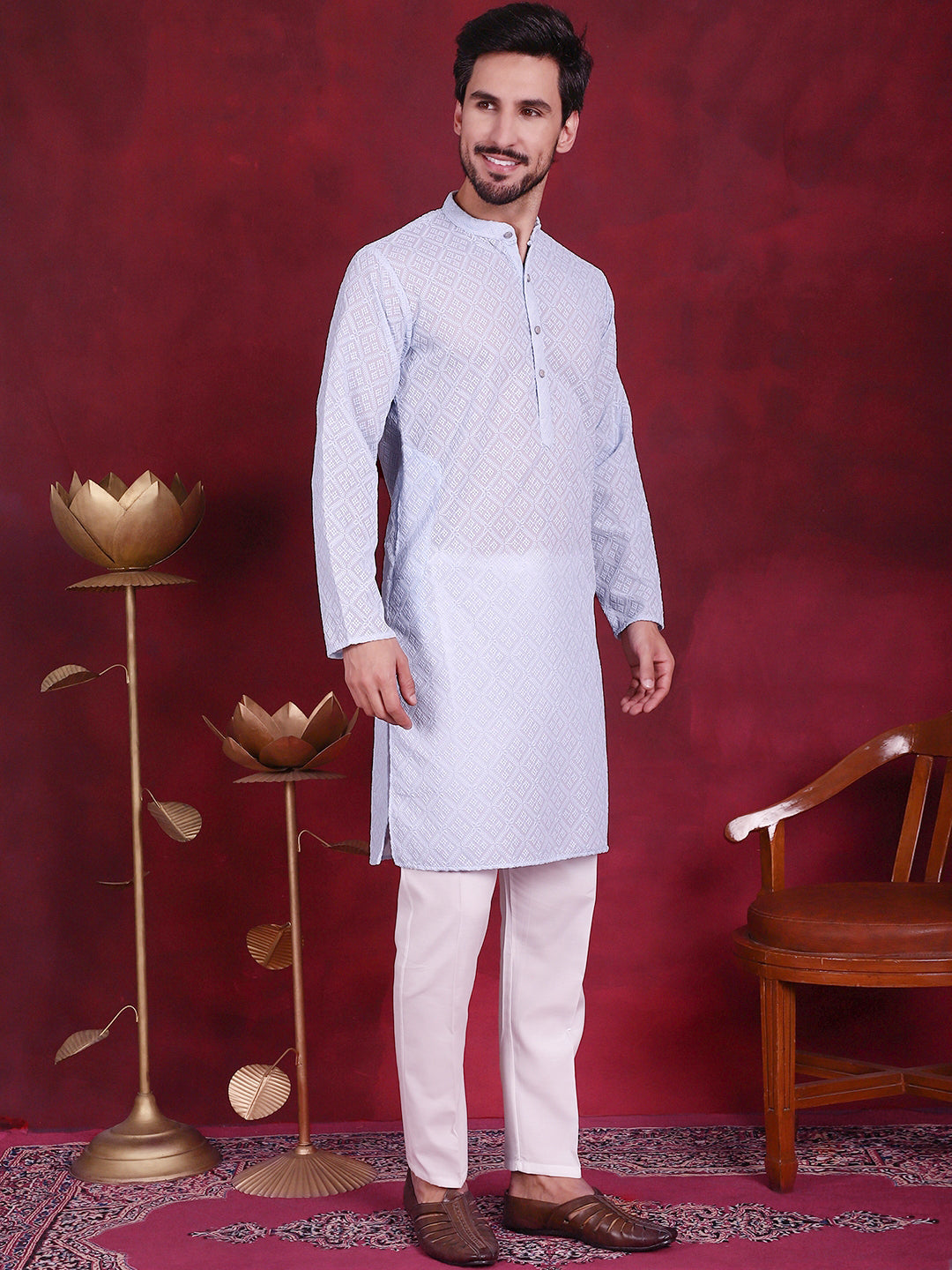 Chikankari Embroidered Kurtas ( KO 5017 Sky )