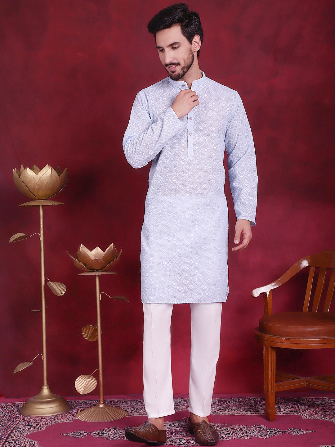 Chikankari Embroidered Kurtas ( KO 5017 Sky )