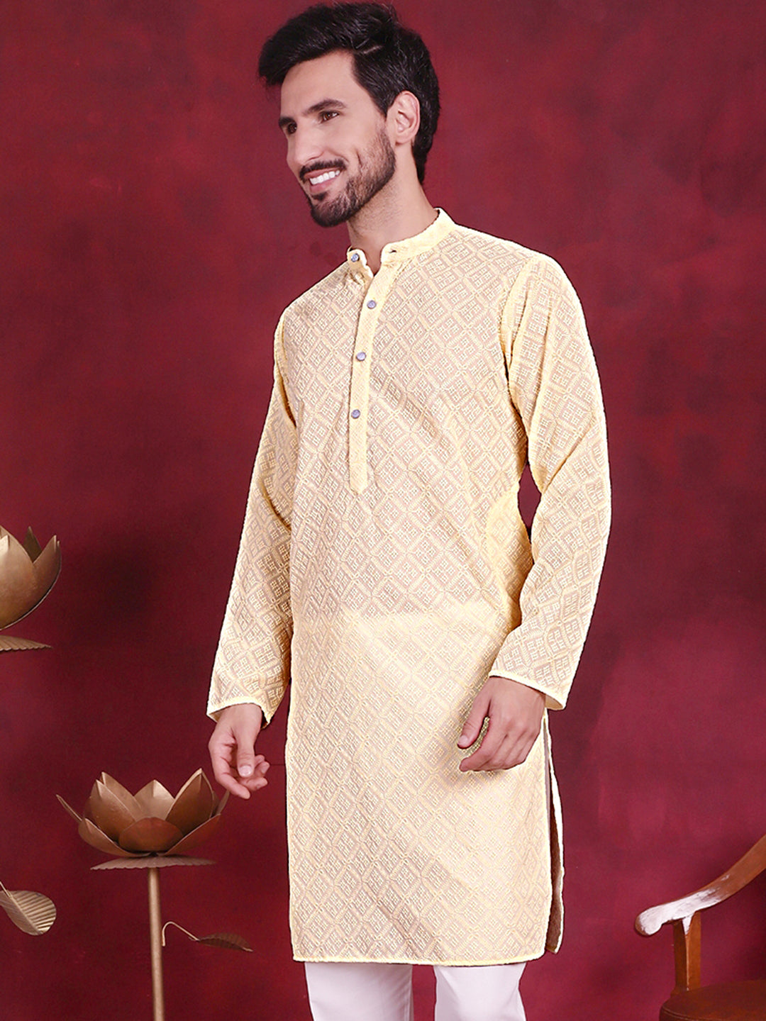 Chikankari Embroidered Kurtas ( KO 5017 Yellow )