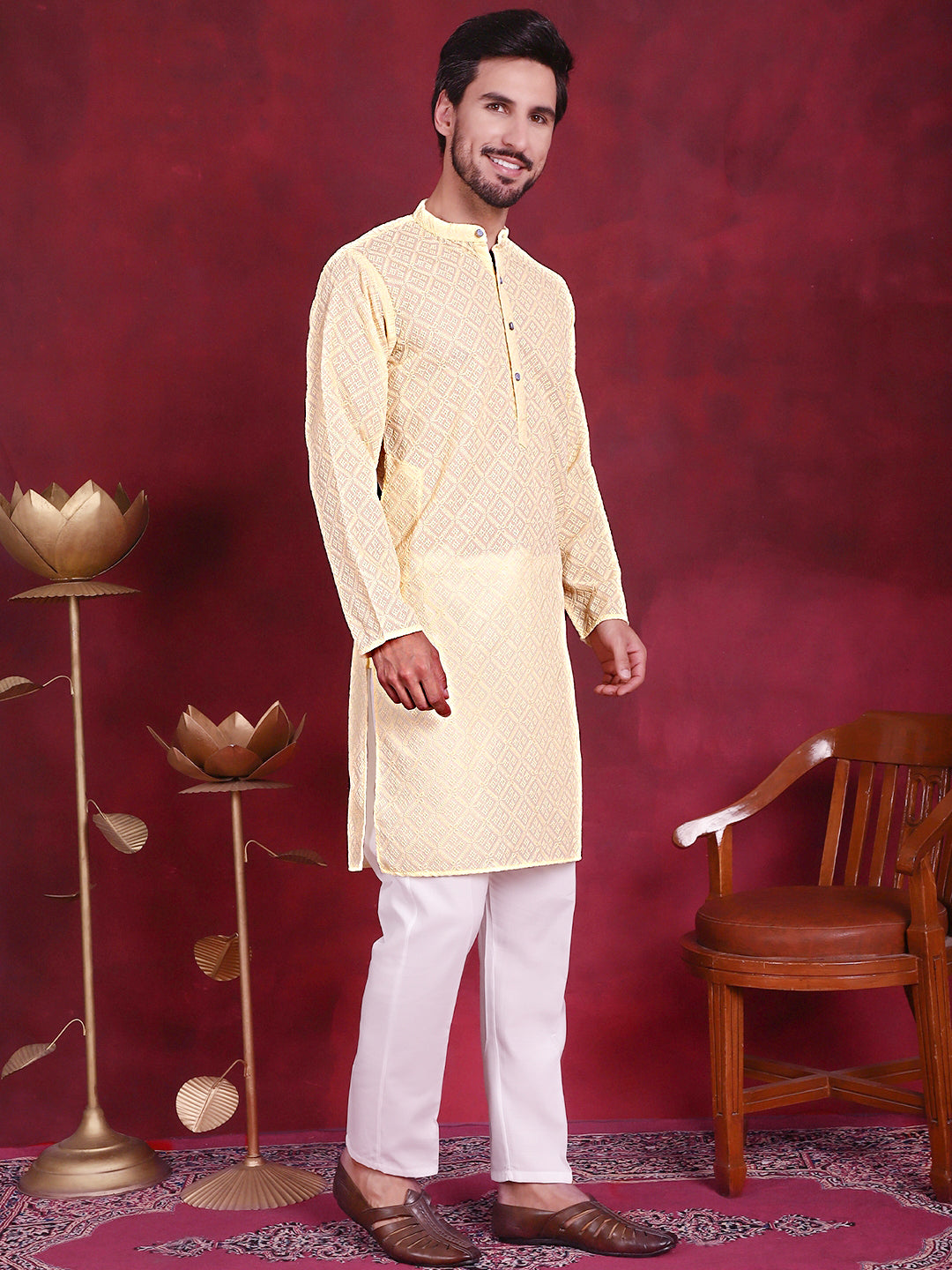 Chikankari Embroidered Kurtas ( KO 5017 Yellow )