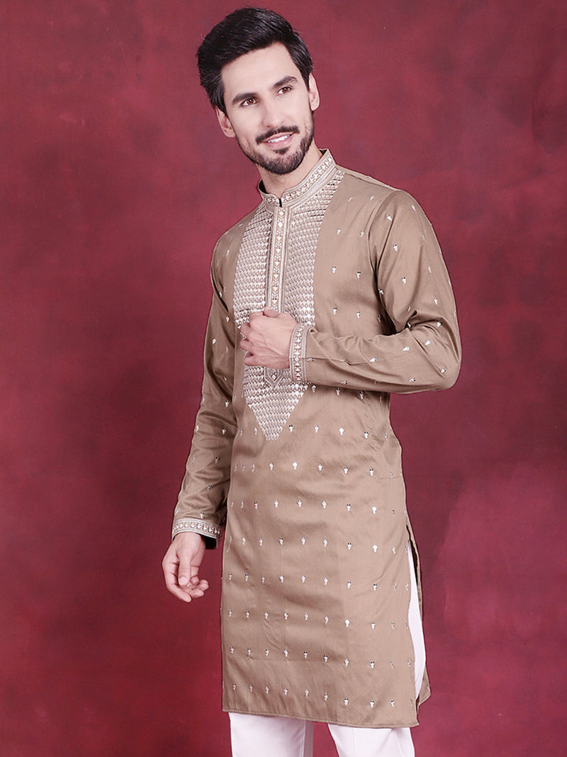 Men's Sequins Embroidered Kurtas. ( KO 5019 Beige )