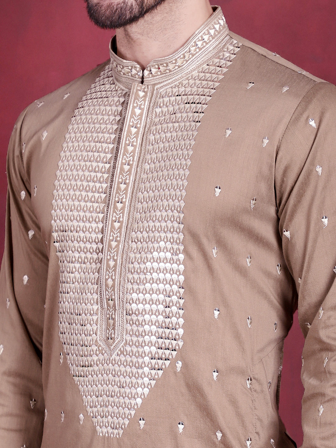 Men's Sequins Embroidered Kurtas. ( KO 5019 Beige )