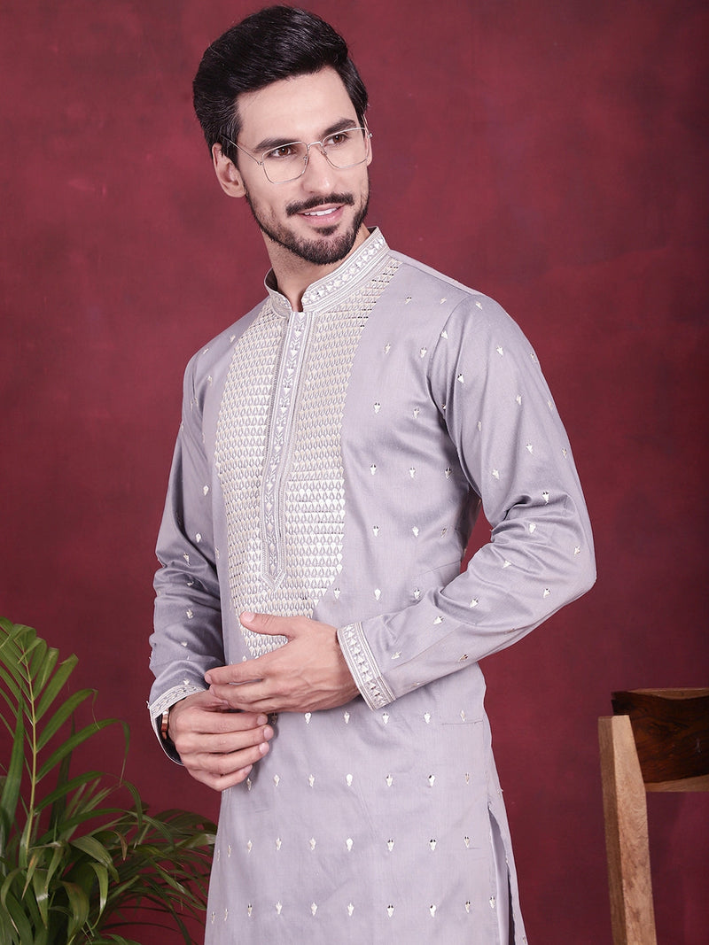 Men's Sequins Embroidered Kurtas. ( KO 5019 Grey )