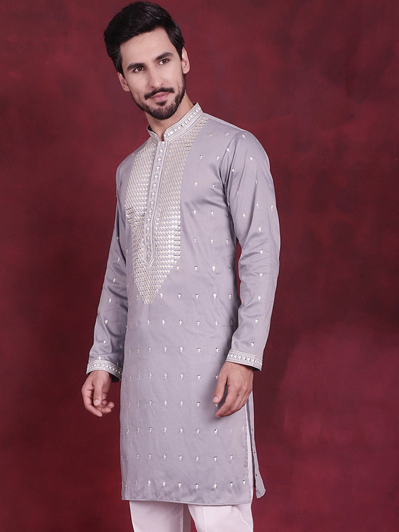 Men's Sequins Embroidered Kurtas. ( KO 5019 Grey )