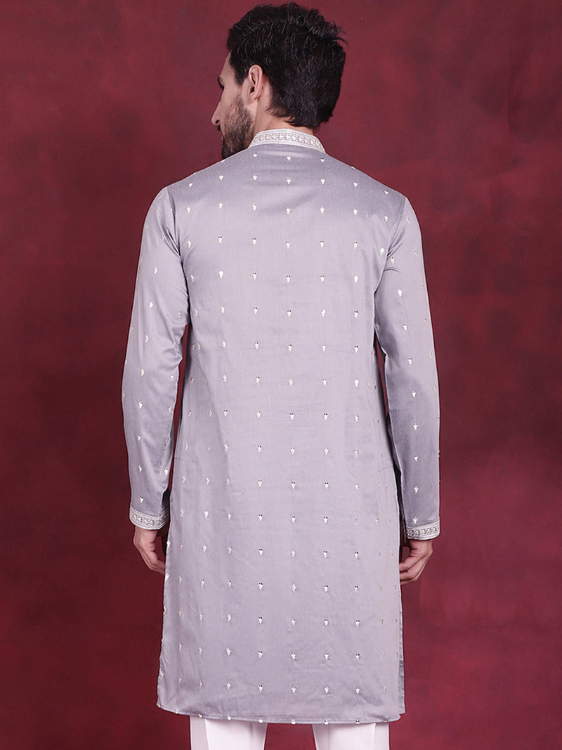 Men's Sequins Embroidered Kurtas. ( KO 5019 Grey )