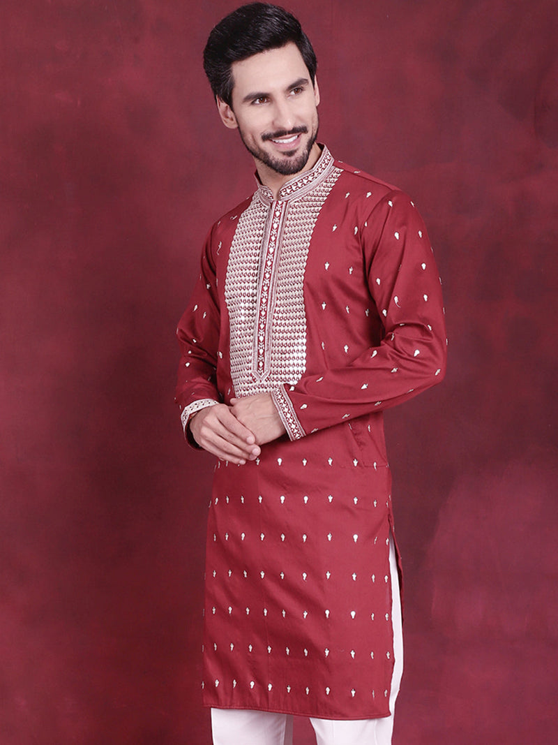 Men's Sequins Embroidered Kurtas. ( KO 5019 Maroon )