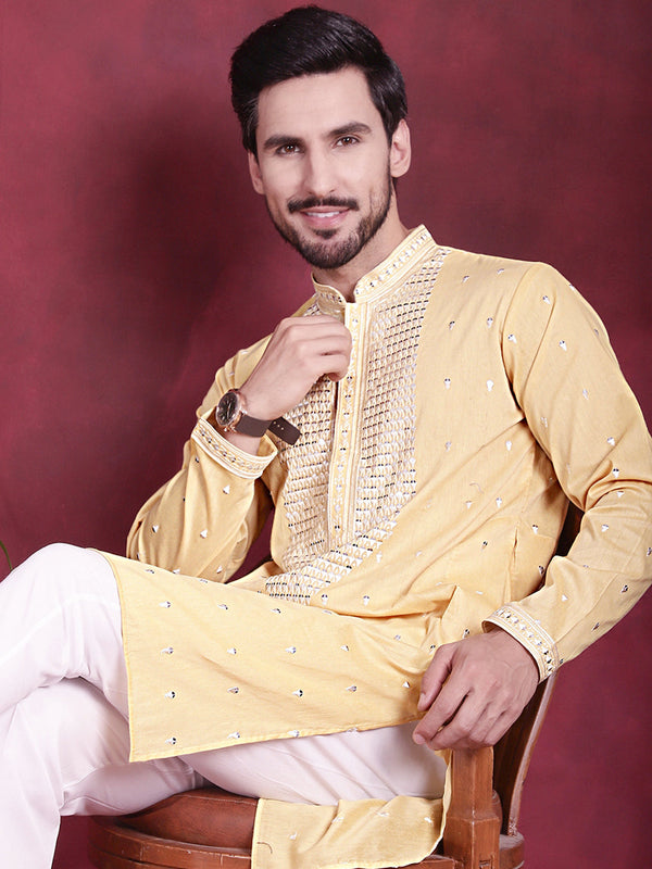 Men's Sequins Embroidered Kurtas. ( KO 5019 Yellow )