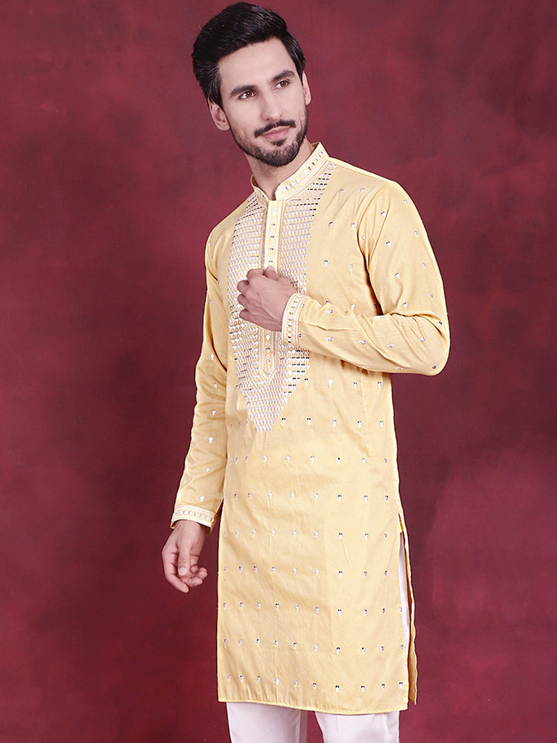 Men's Sequins Embroidered Kurtas. ( KO 5019 Yellow )