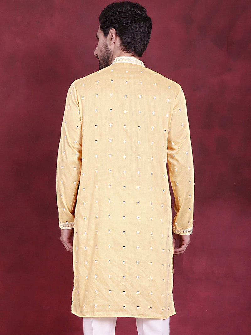 Men's Sequins Embroidered Kurtas. ( KO 5019 Yellow )