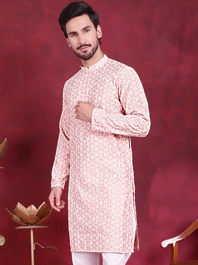 Men's Chikankari Embroidered Kurtas. ( KO 5020 Pink )