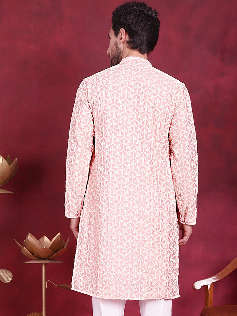 Men's Chikankari Embroidered Kurtas. ( KO 5020 Pink )