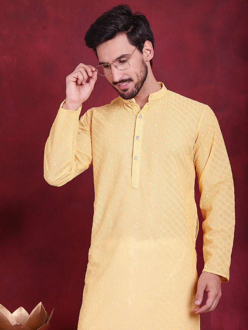 Men's Chikankari Embroidered Kurtas. ( KO 5021 Beige )