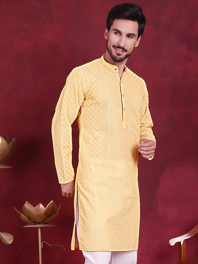 Men's Chikankari Embroidered Kurtas. ( KO 5021 Beige )