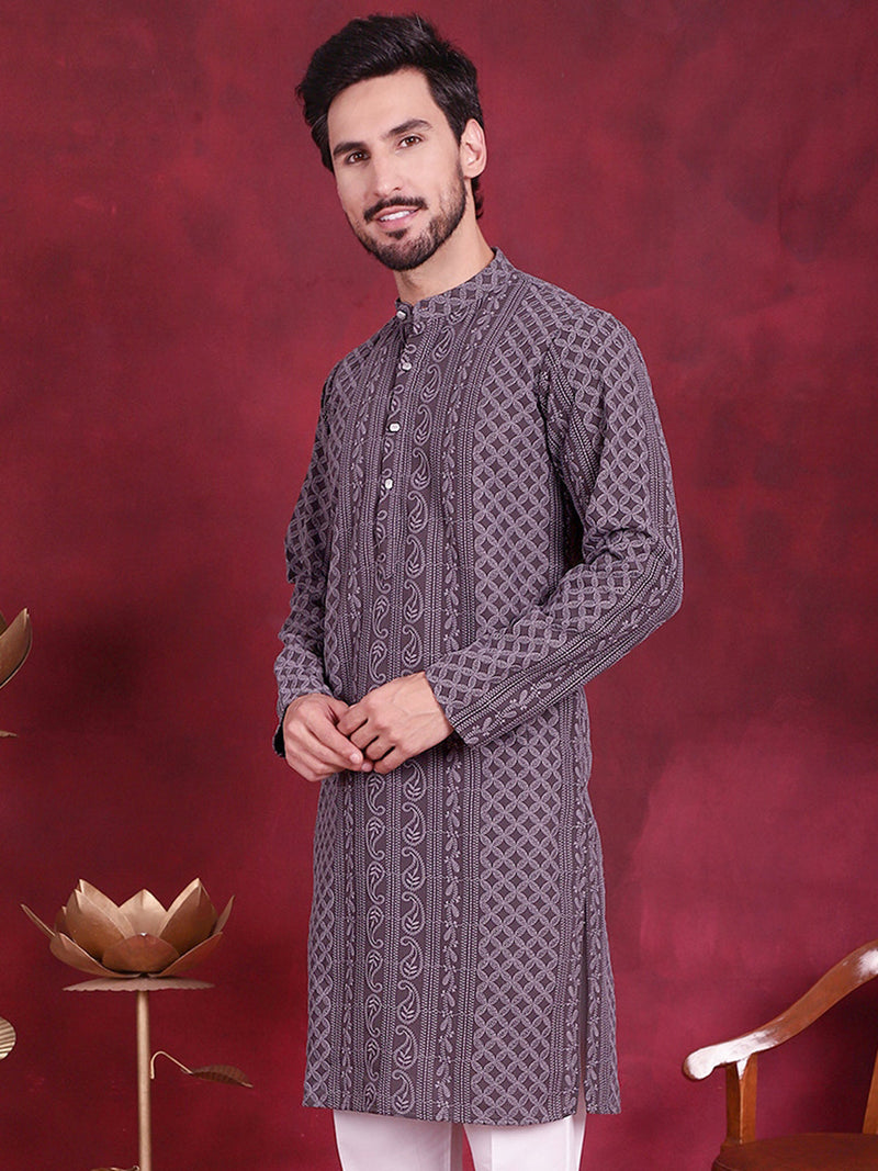 Men's Chikankari Embroidered Kurtas. ( KO 5021 Grey )