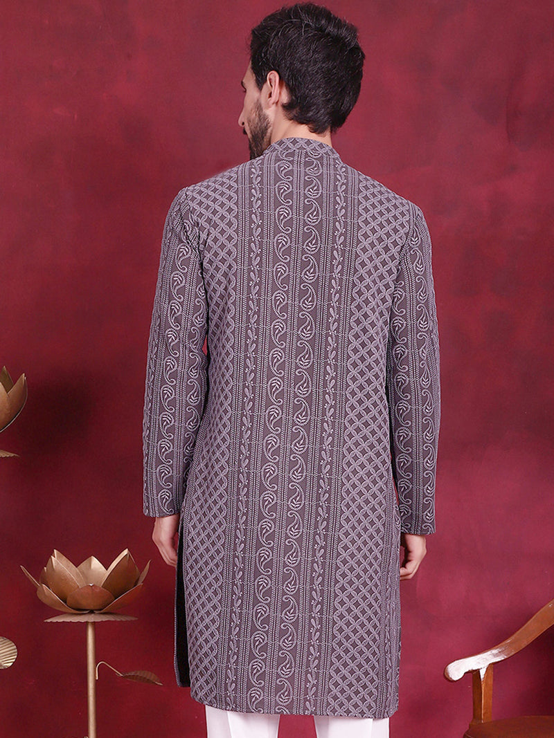 Men's Chikankari Embroidered Kurtas. ( KO 5021 Grey )