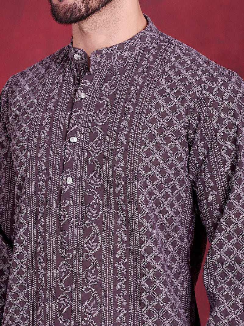 Men's Chikankari Embroidered Kurtas. ( KO 5021 Grey )