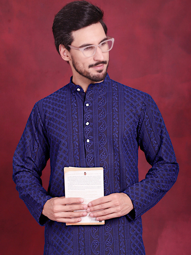 Men's Chikankari Embroidered Kurtas. ( KO 5021 Navy )