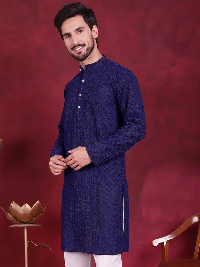 Men's Chikankari Embroidered Kurtas. ( KO 5021 Navy )