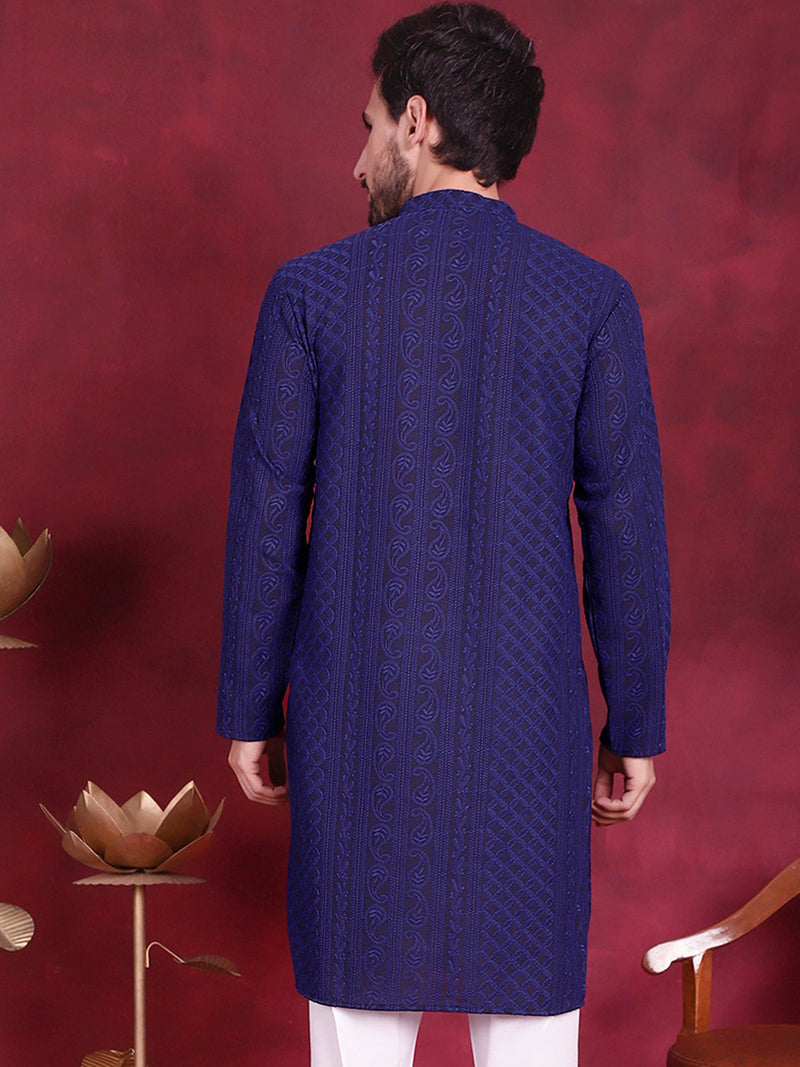 Men's Chikankari Embroidered Kurtas. ( KO 5021 Navy )