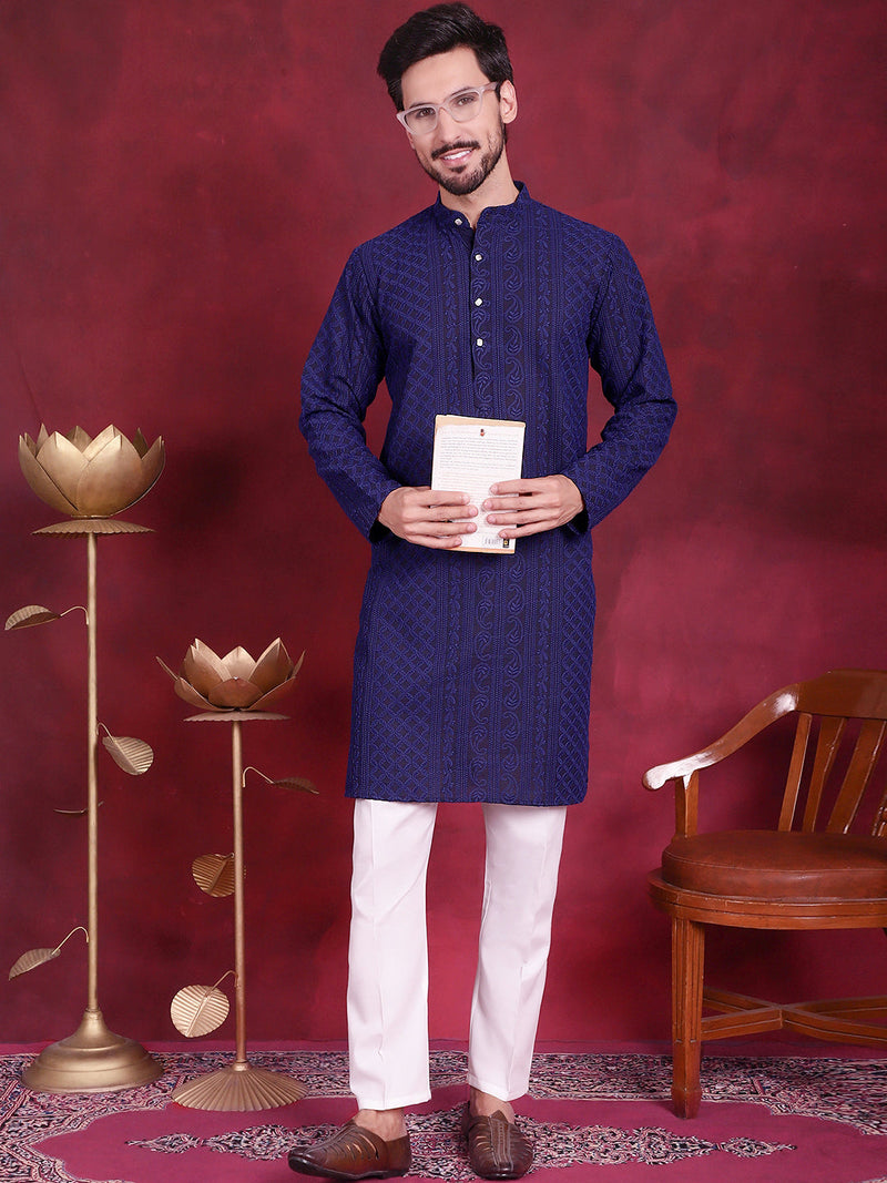 Men's Chikankari Embroidered Kurtas. ( KO 5021 Navy )